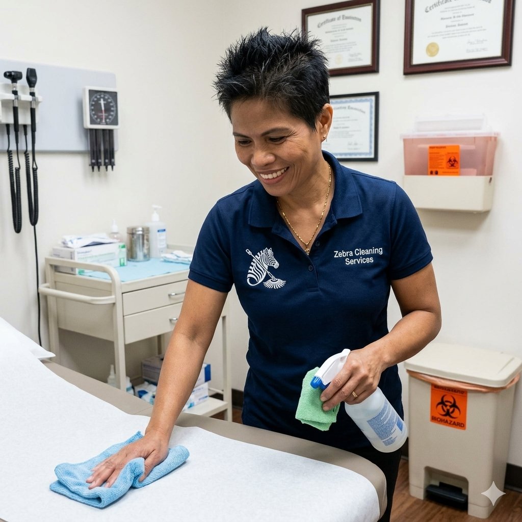 Zebra Cleaning Services certified technician disinfecting a medical exam table in Grand Cayman